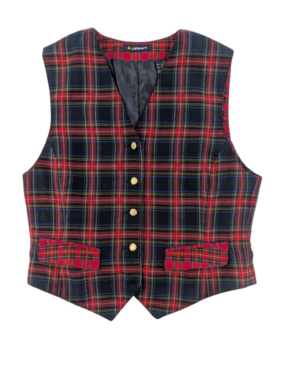 Vtg 90s Lizsport Tartan Plaid Christmas Vest Red Navy Gold Button Size 10